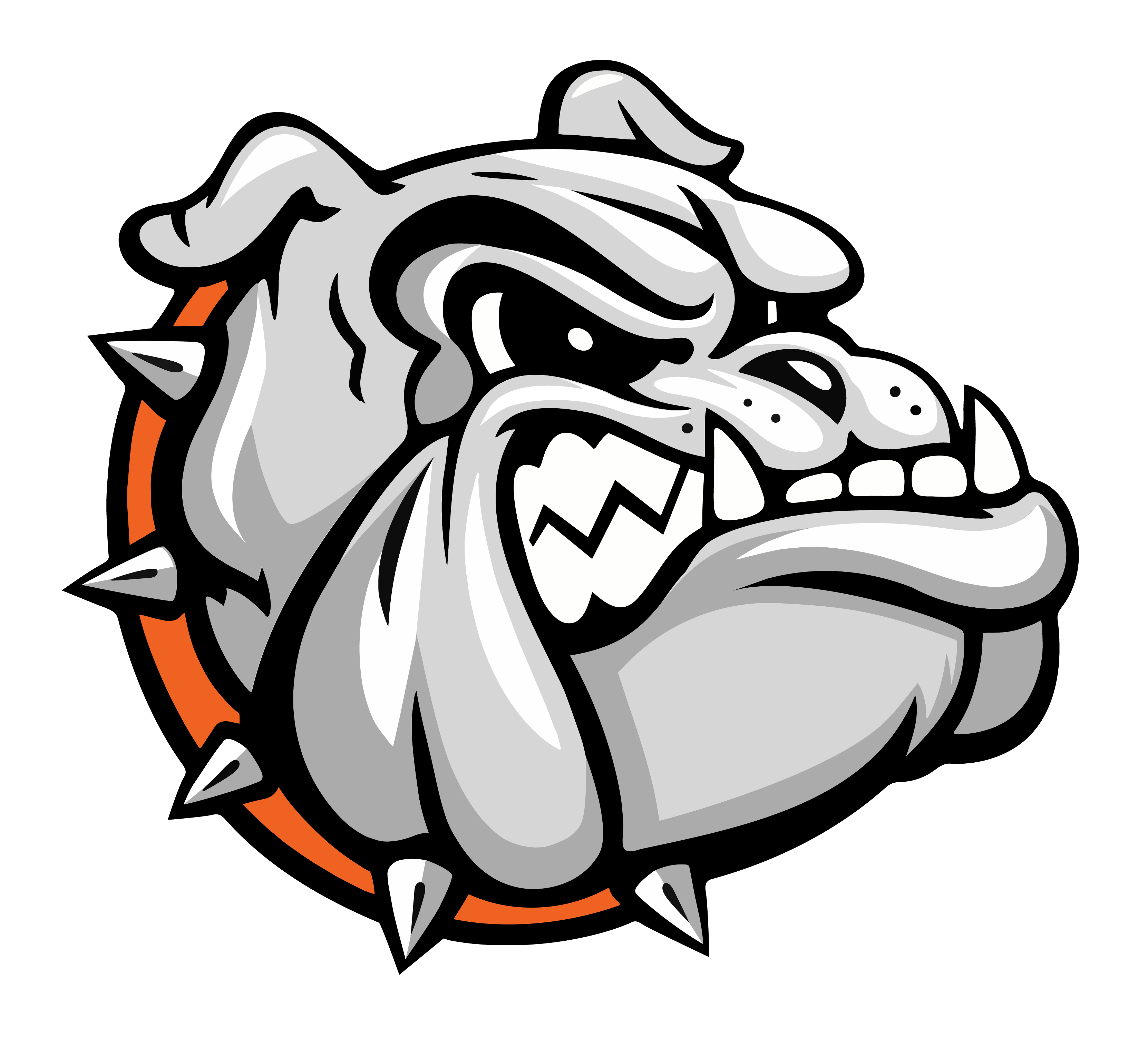 A graphic illustration of a determined bulldog wearing a spiked collar against a black background.